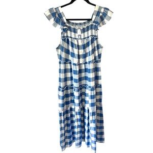 Old Navy Blue and White gingham Checkered tiered maxi ruffle dress medium